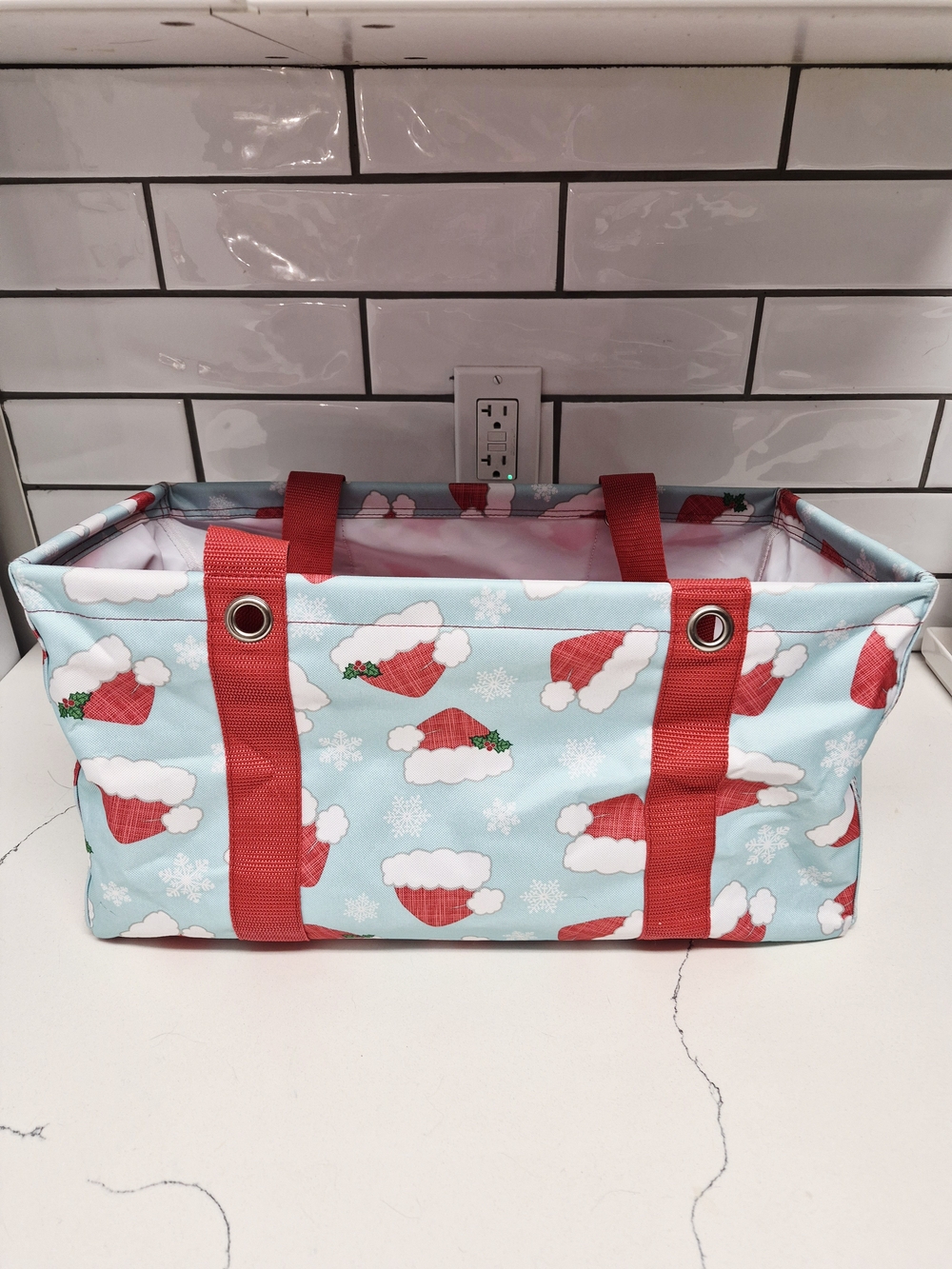 thirty-one Medium Utility Holiday Tote with Red Handles and Santa Hat Print